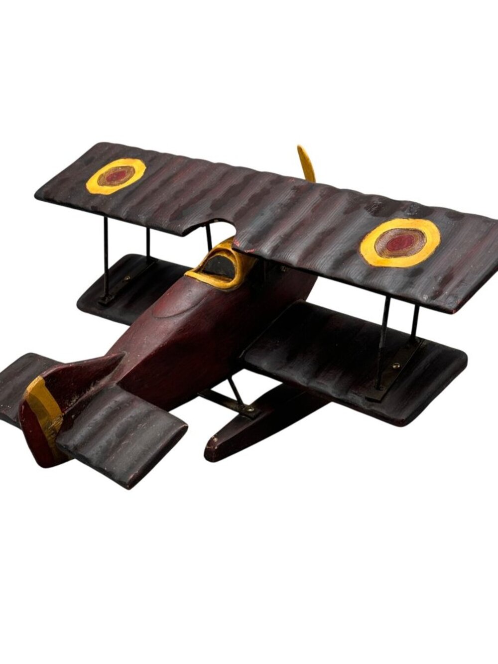 Vintage Wooden Bi-Plane Model With Propeller & Yellow Details yellow brown READ